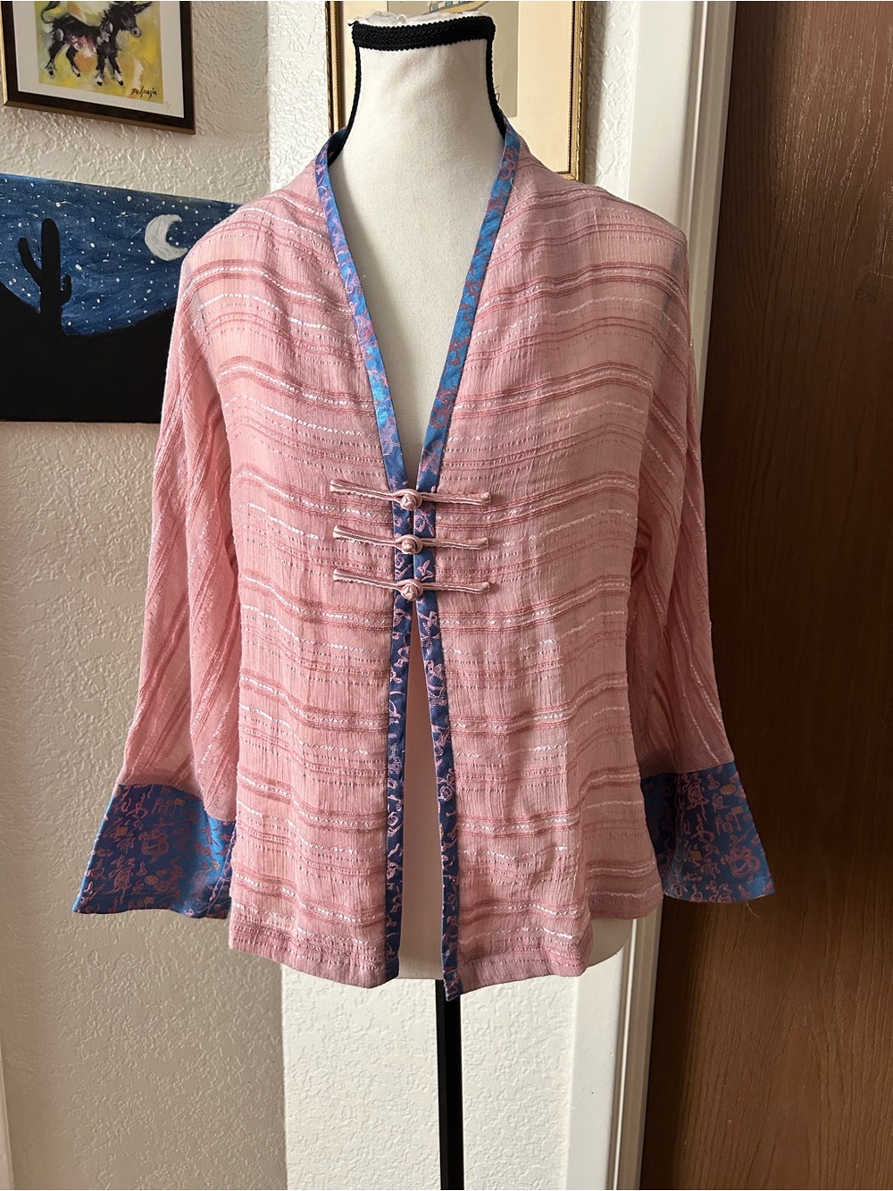 Pink Textured Open-Front Women's asian shacket with Blue Trim